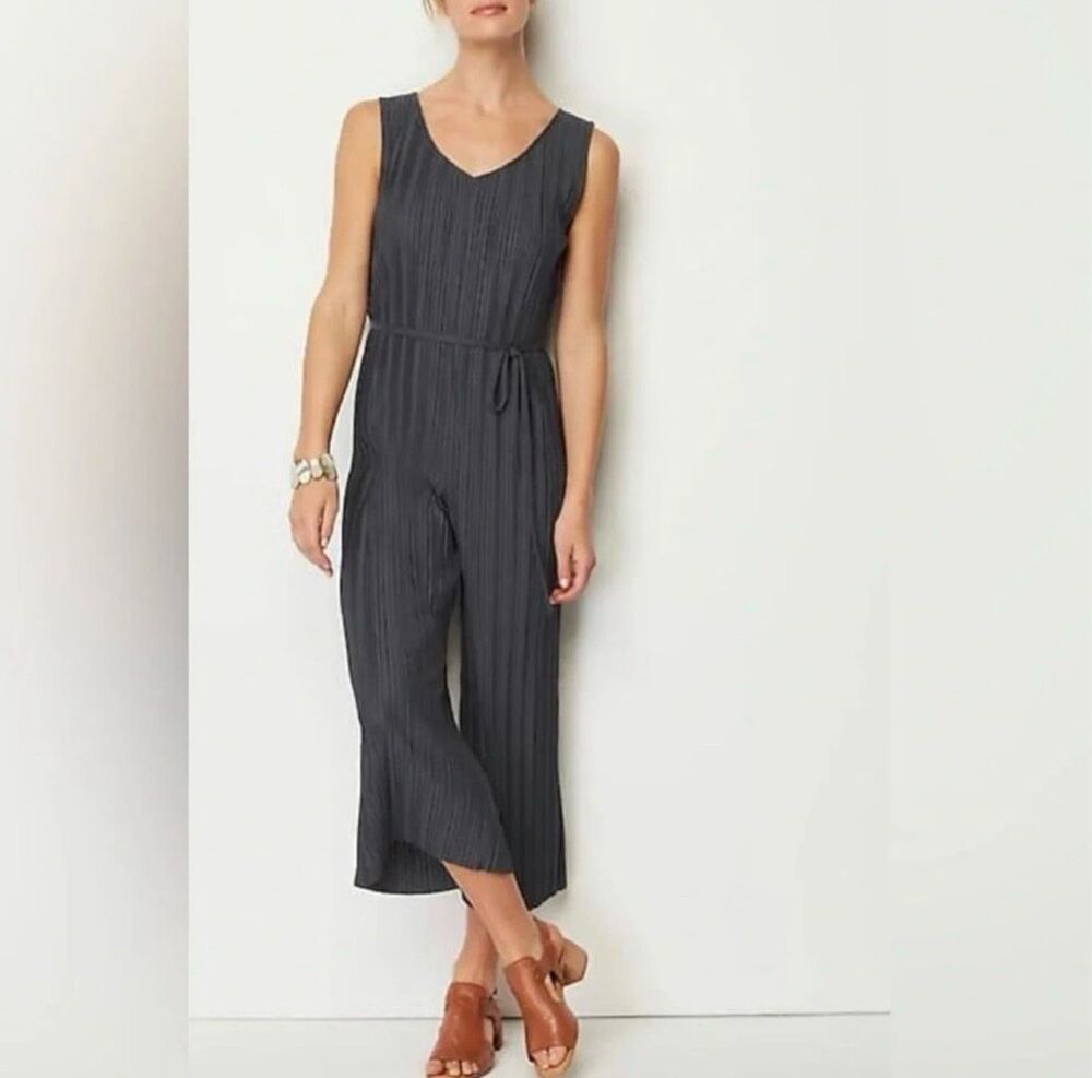 J.Jill Pure Jill Elements Pleated crinkle Knit Jumpsuit Gray Black Pearl Women’